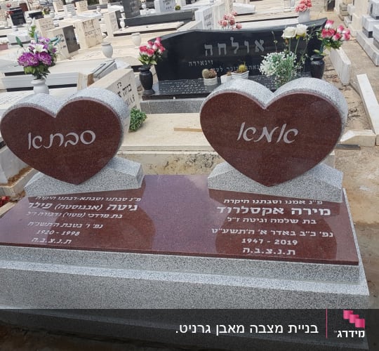 שני מצבות בצורת לב עם כיתוב בעברית